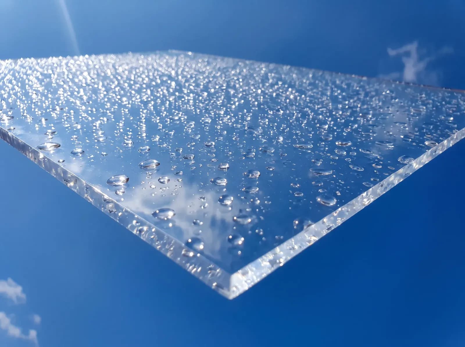 Acrylic sheet covered in raindrops against a blue sky