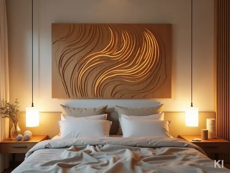AI-gegenereerde woonscène: slaapkamer met organische wanddecoratie in lasercut-stijl