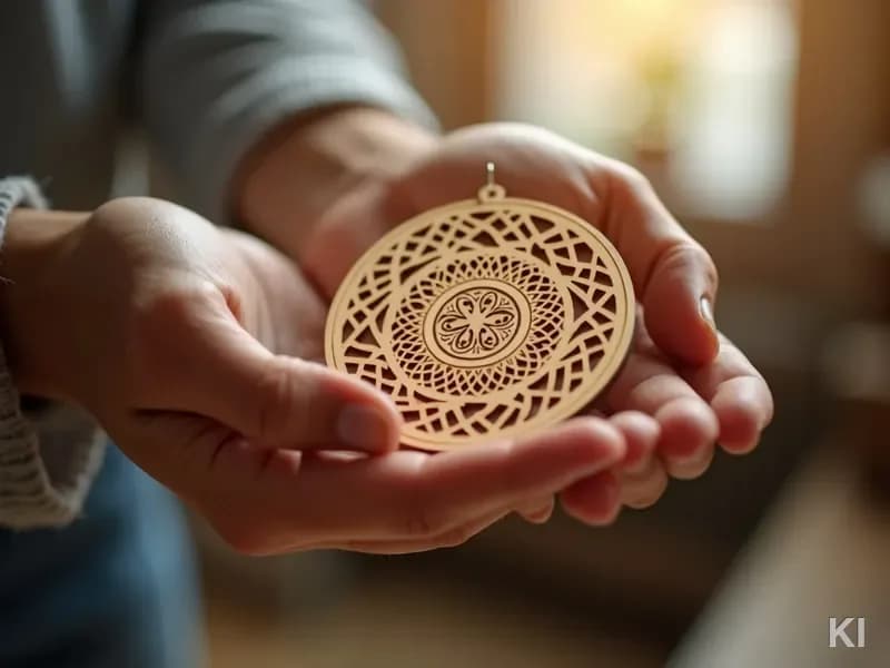 AI-gegenereerde close-up: handen houden een filigraan houten ornament in lasercut-stijl vast