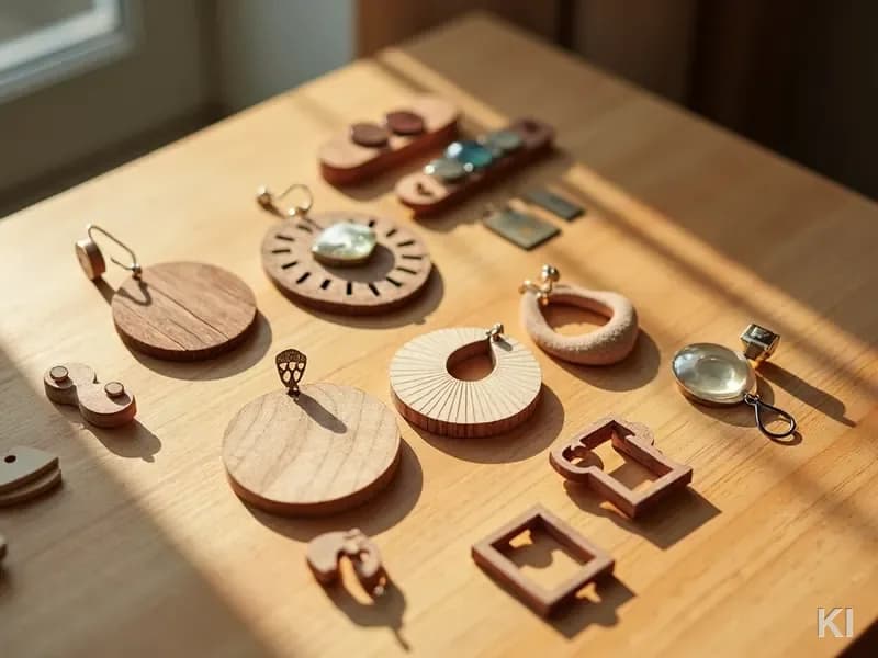 AI-gegenereerd stilleven: sieraden in lasercut-stijl van hout, acryl en vilt op een eikenhouten tafel