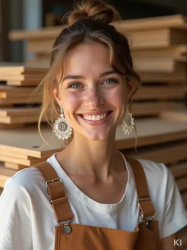 AI-gegenereerd portret: vakvrouw met acryl-oorbellen in haar werkplaats