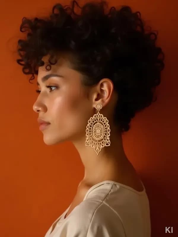 AI-gegenereerd portret: vrouw en profil met mandala-oorbellen in lasercut-stijl