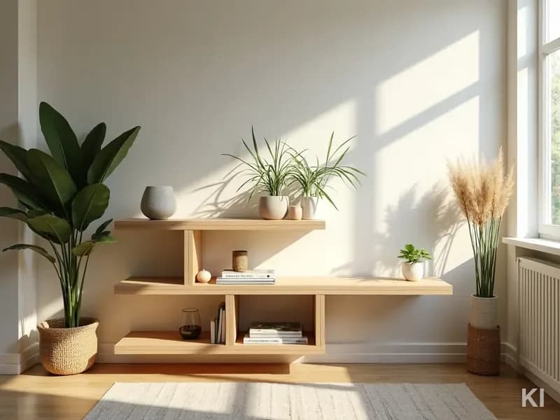 AI-gegenereerde woonscène: steekrek van multiplex met planten en boeken in ochtendlicht