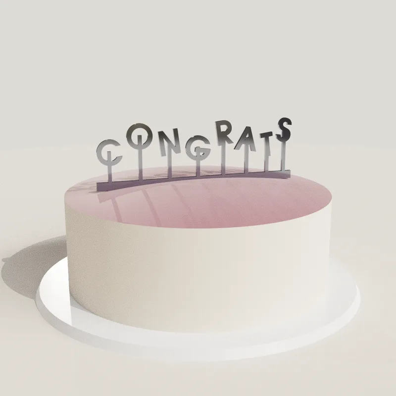 Cake topper ”Congrats-konfetti” i akryl på en tårta (rendering)