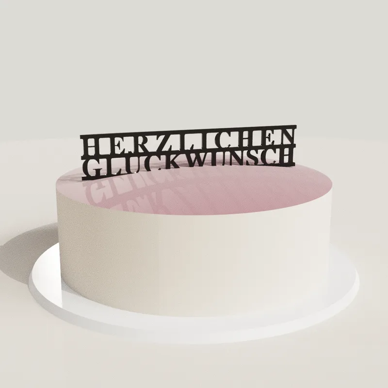 Cake topper ”Grattis” i akryl på en tårta (rendering)