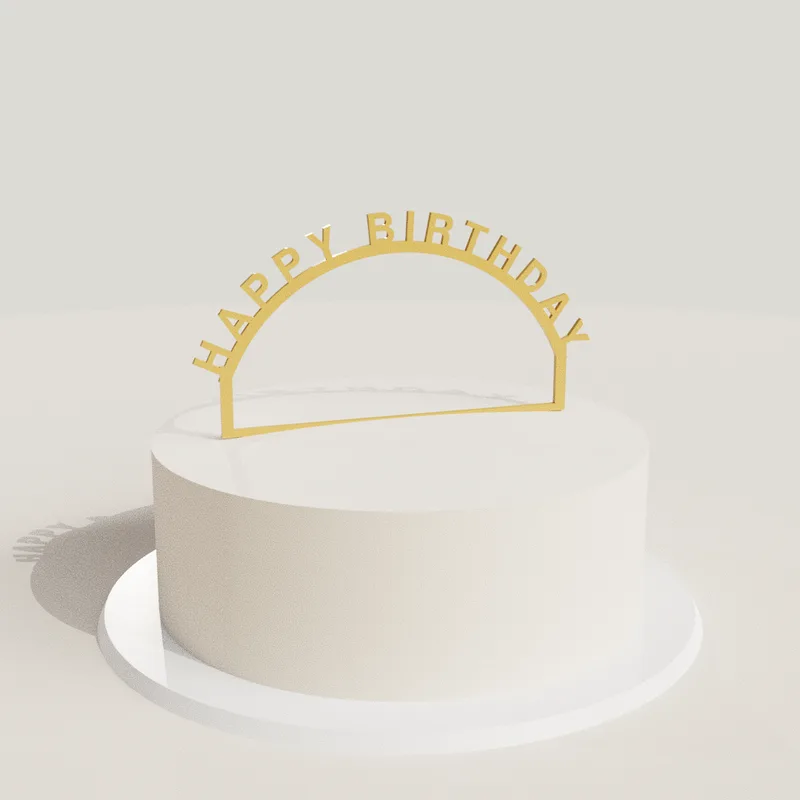 Cake topper ”Happy Birthday-båge” i akryl på en tårta (rendering)