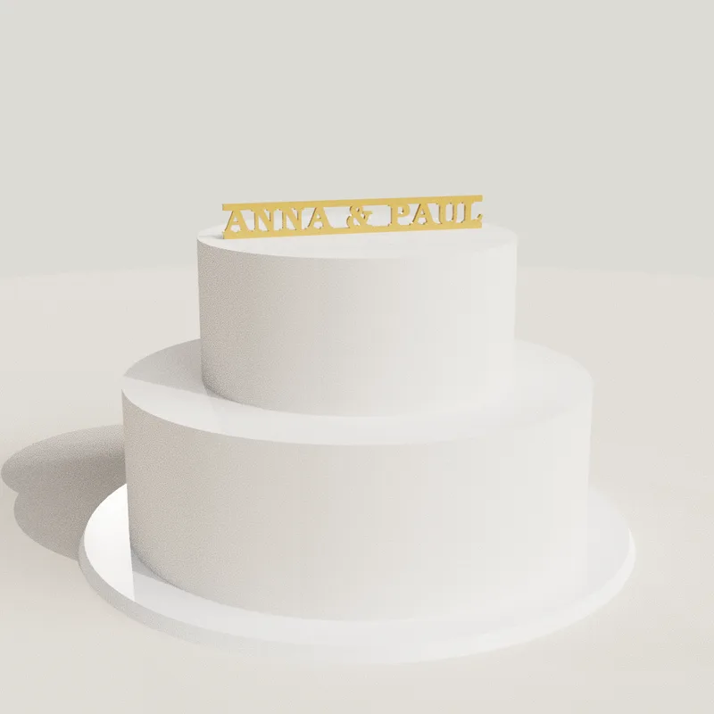 Cake topper ”Bröllop – namn” i akryl på en tårta (rendering)