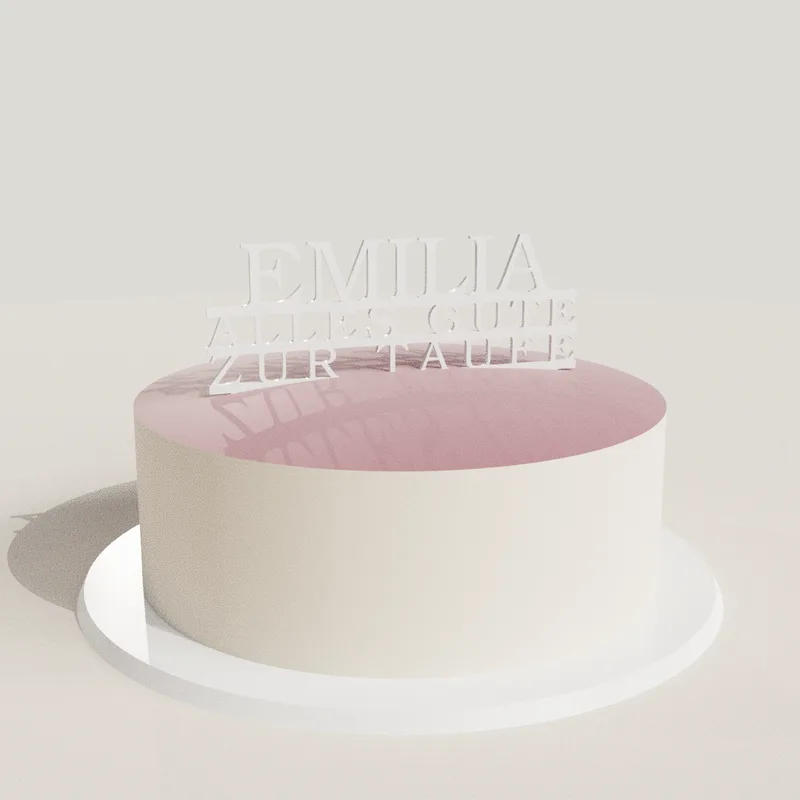 Cake topper ”Dop med namn” i akryl på en tårta (rendering)