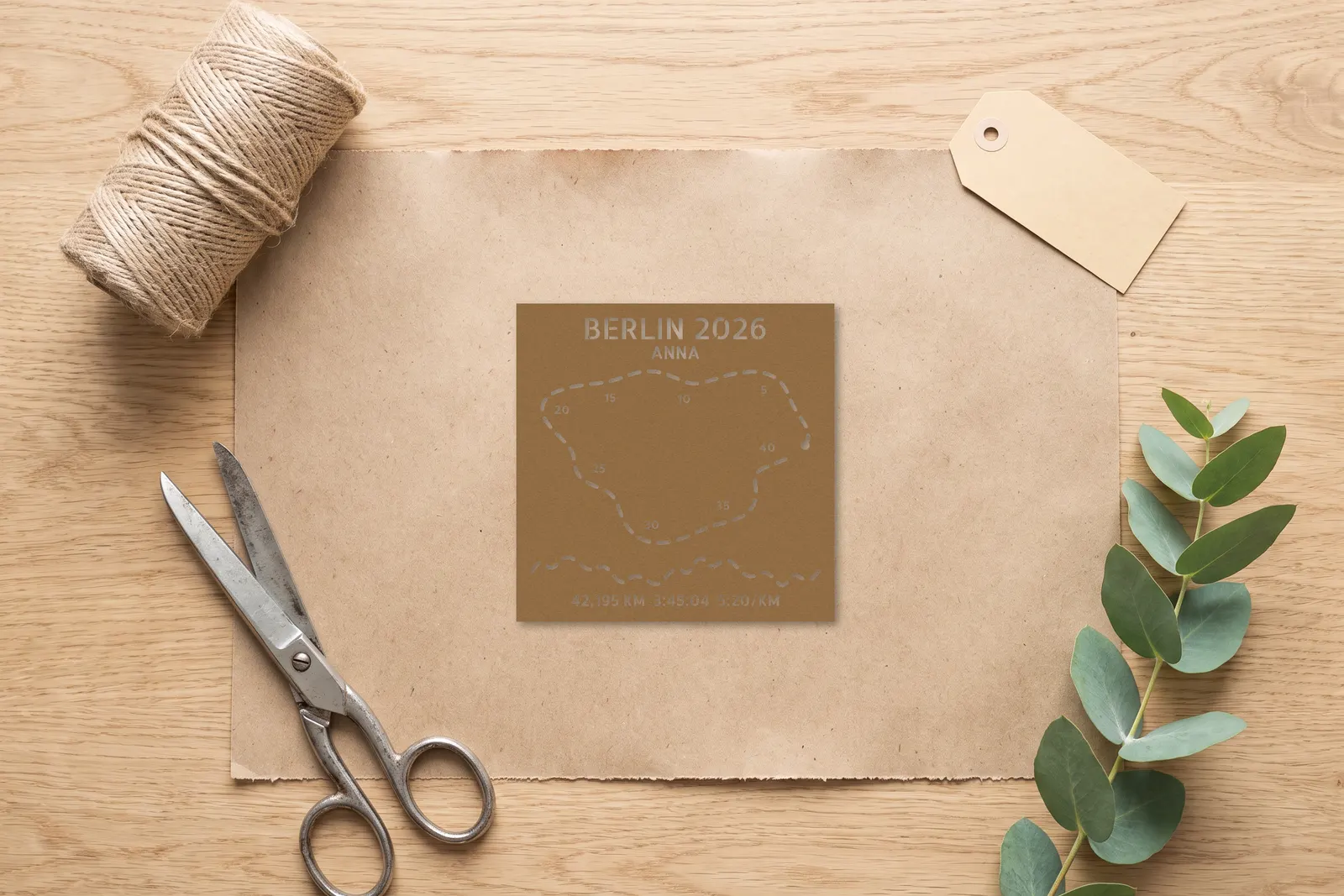 Póster de running de MDF sobre papel kraft con cordel, tijeras y eucalipto