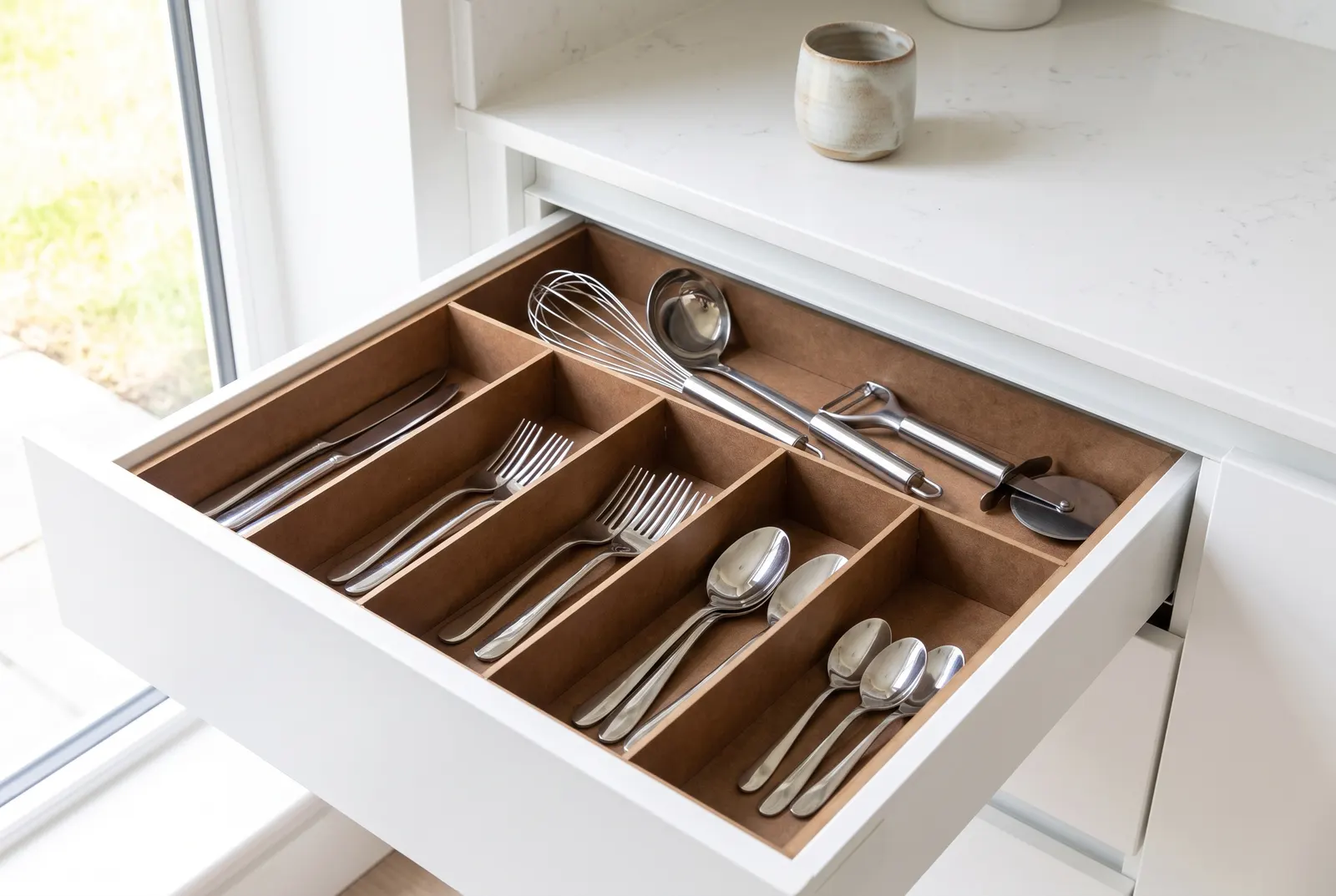 Cassetto da cucina bianco con portaposate in MDF: scomparti lunghi per le posate, uno trasversale per gli utensili