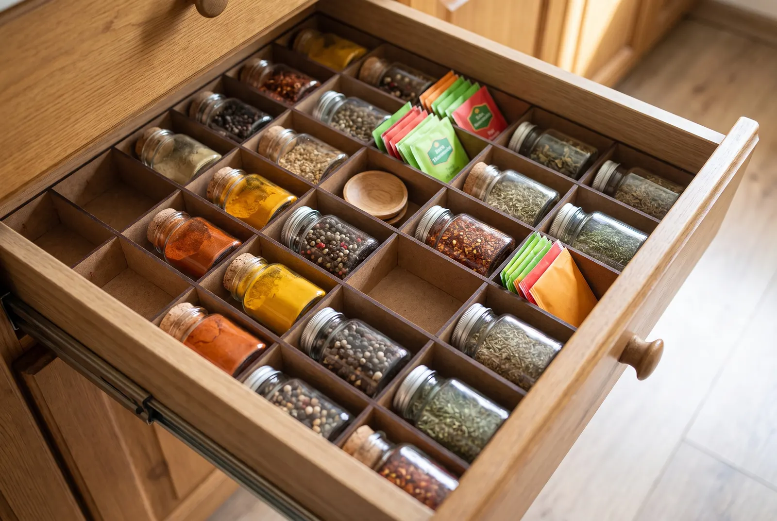 Cassetto da cucina in rovere con divisorio a griglia: barattoli di spezie, bustine di tè e bustine