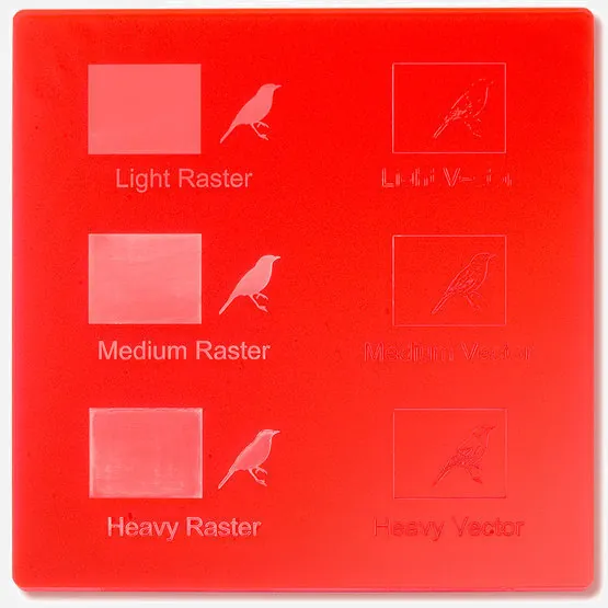 Engraving demo on Acrylic glass GS fluorescent: light, medium and heavy raster and vector engraving