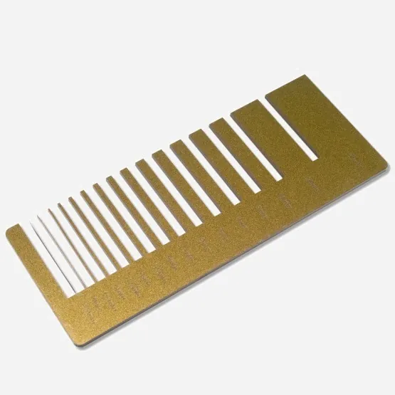 Test cuts in Acrylic glass GS two-tone: lasered tongues and slots in various widths