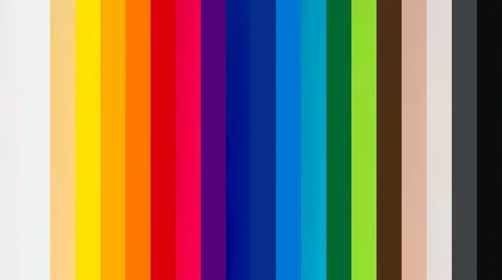 Vingt bandes d’acrylique côte à côte, de l’incolore au jaune, orange, rouge, violet et bleu jusqu’au vert, brun, gris et noir.