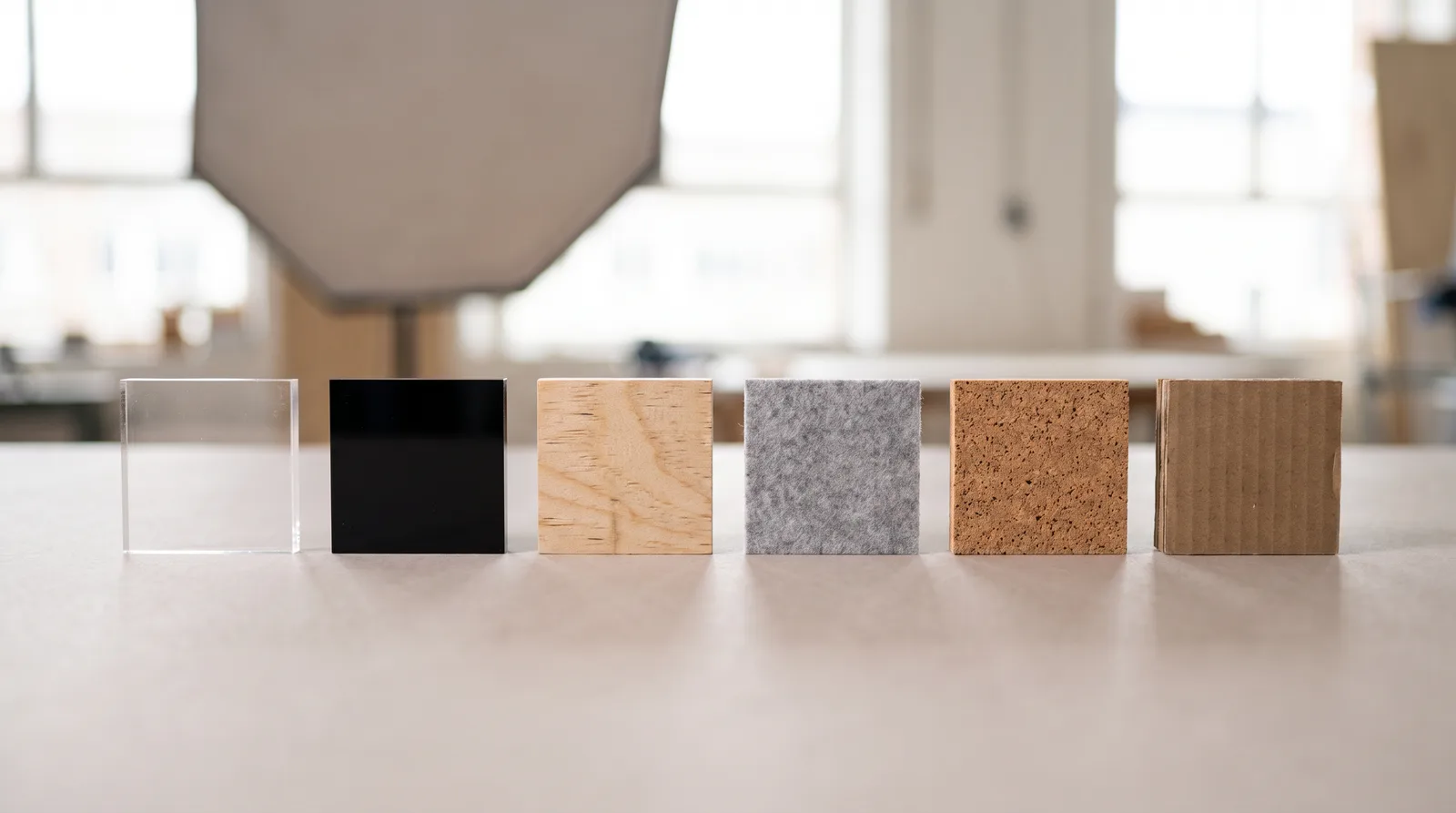 Six square material samples in a row: clear and black acrylic, plywood, felt, cork and cardboard.