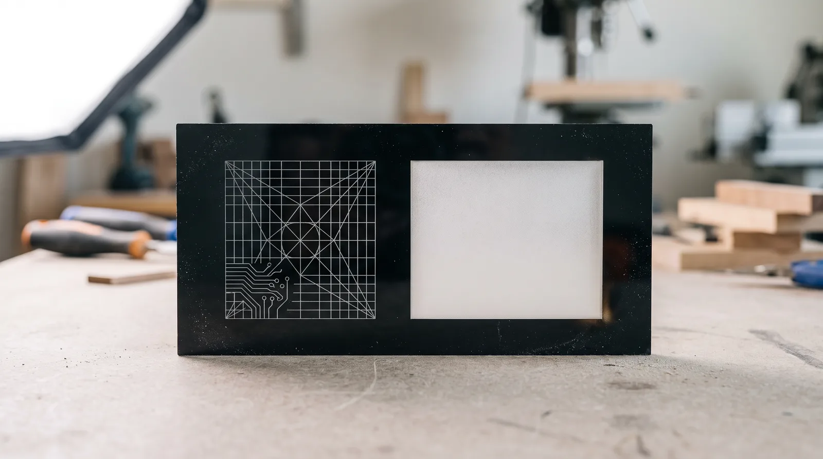 Black acrylic panel with two engraved test areas: fine engraved lines on the left, a solid frosted engraved area on the right.